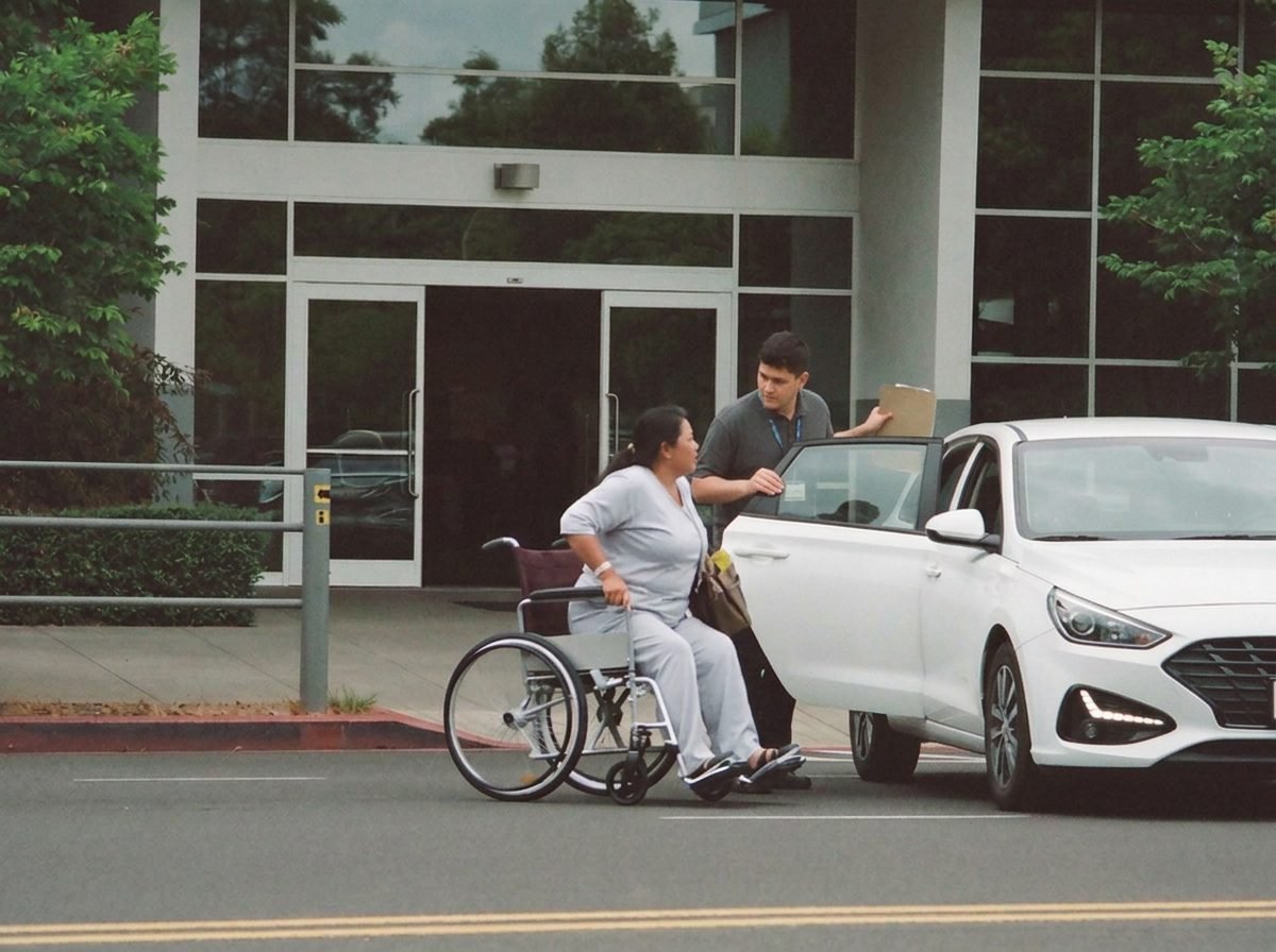 A support worker holds the car door open for a woman leaving hospital in a wheelchair.