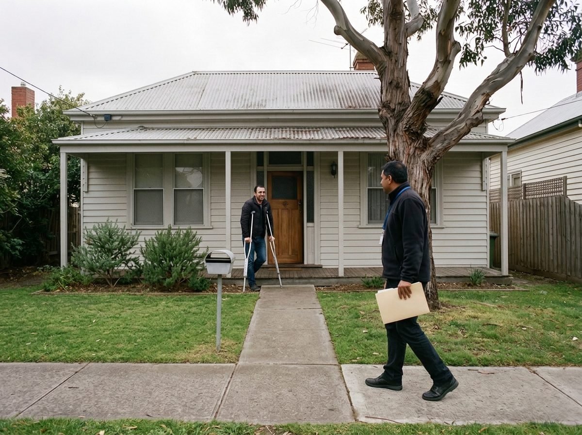 A man using crutches opens his front door to a support worker arriving for a visit.