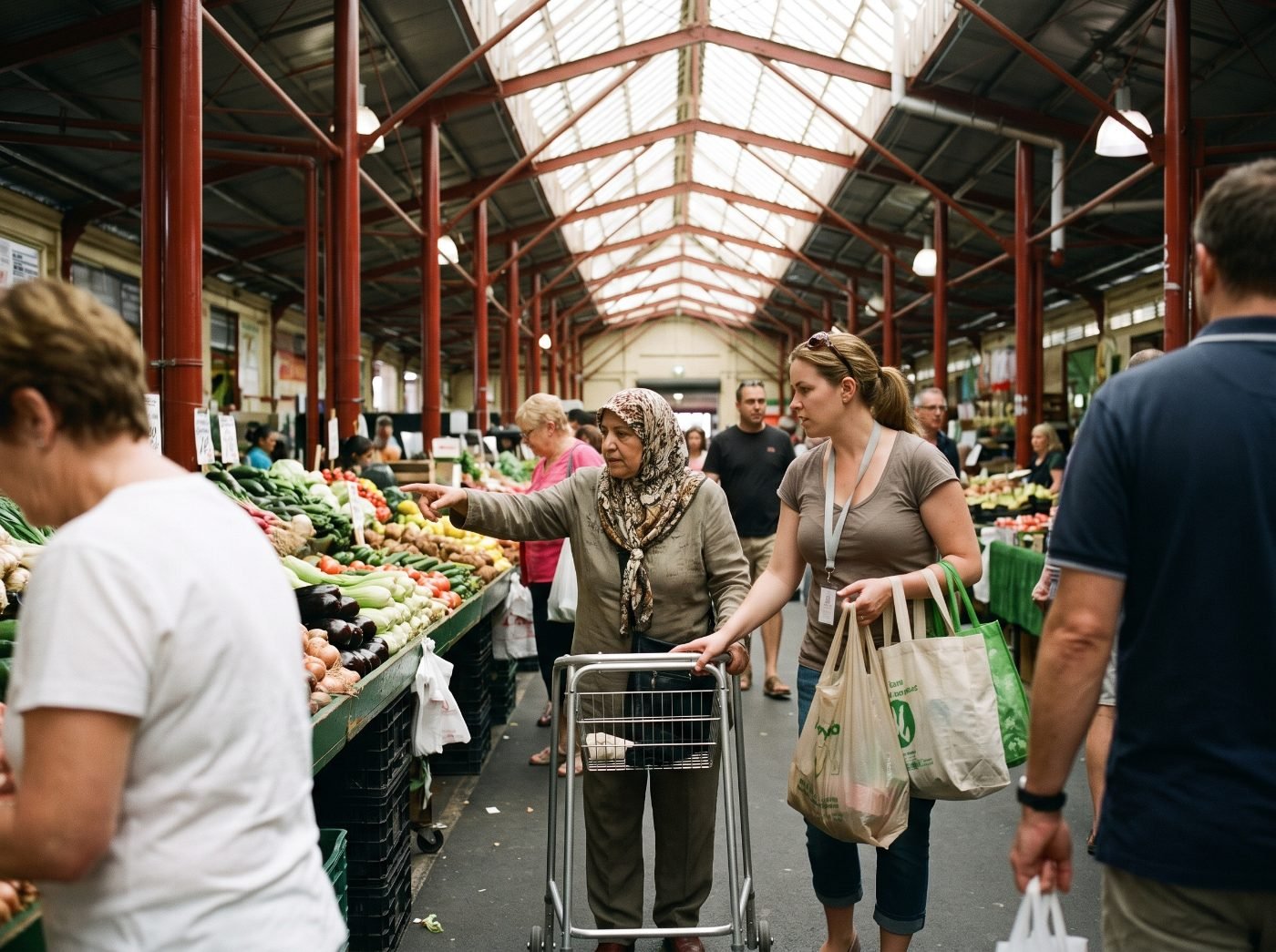 A woman using a walking frame chooses produce at Queen Victoria Market while her support worker carries the shopping.