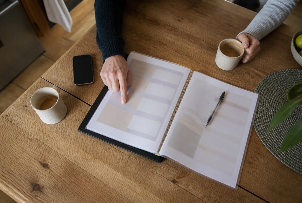 Two people go through a plan folder at a kitchen table, one pointing at a page.