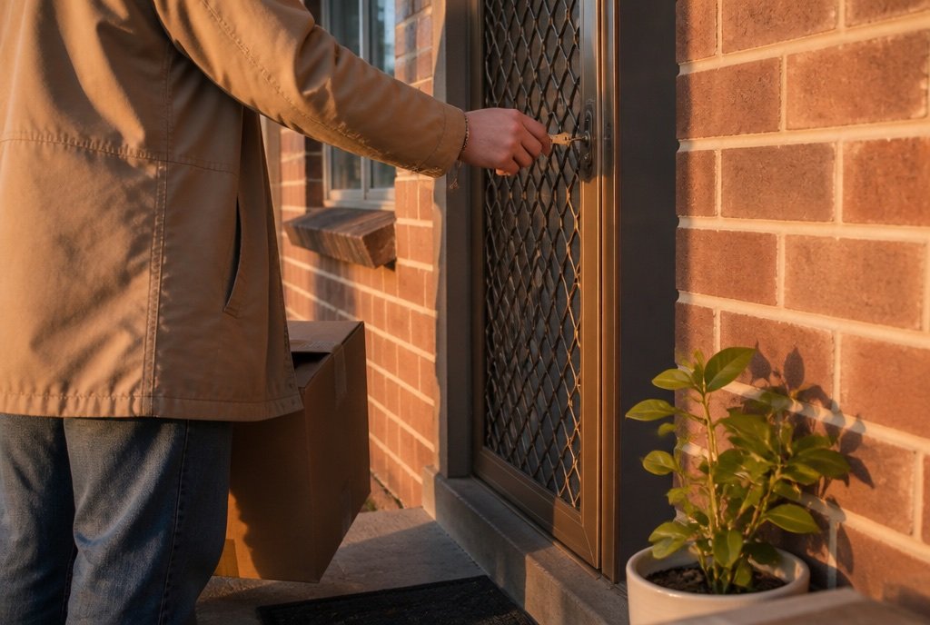 A hand turns a key in the front door of a brick unit in the afternoon light.