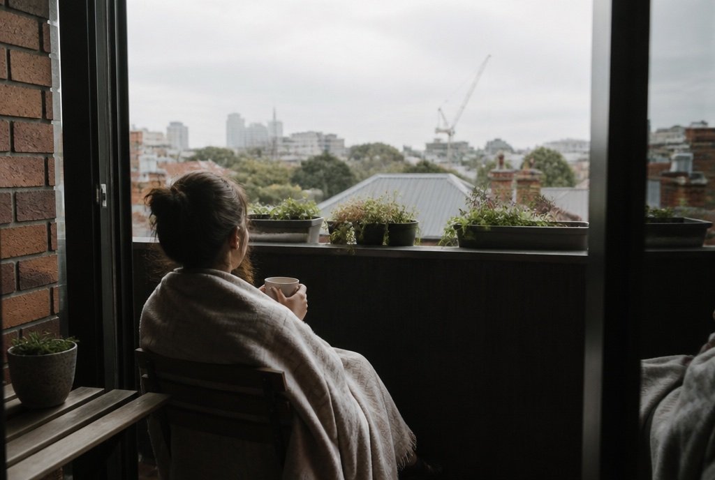 A person sits on a small balcony wrapped in a blanket with a mug, looking out over rooftops.