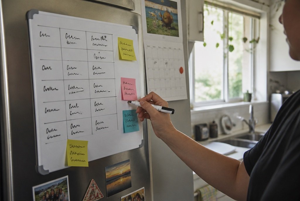 A hand writes a weekly routine on a whiteboard on the fridge, with coloured sticky notes.