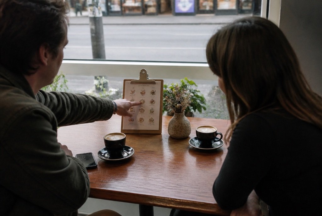 Two people at a cafe table look at a picture menu together.