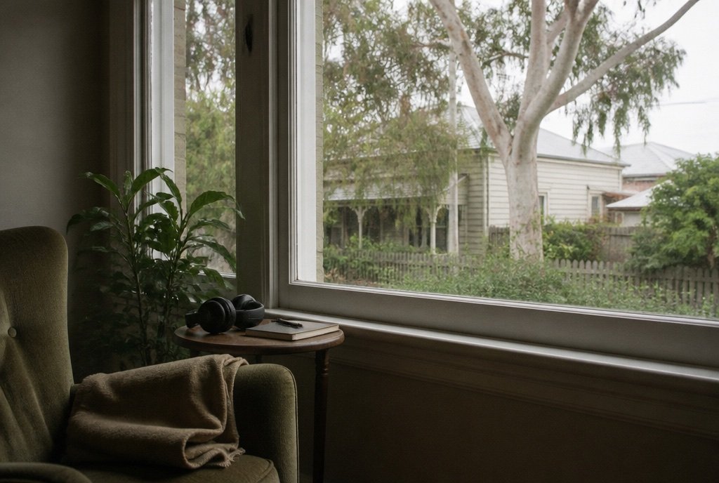 A quiet corner by a window with an armchair, headphones on a side table and a leafy street outside.